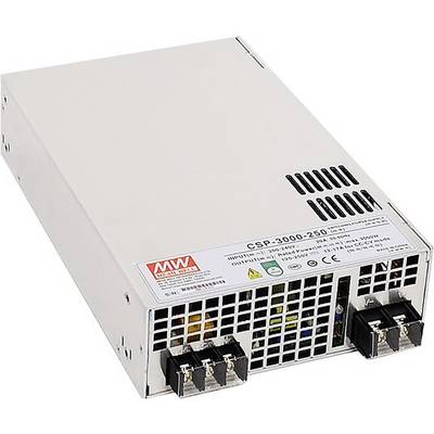 Involucro di un alimentatore con fessure di ventilazione e connessioni elettriche, modello 'CSP-3000-250', idoneo per diverse tensioni.
