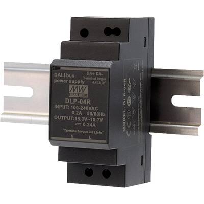 Alimentatore nero DALI per bus su guida DIN, modello 'DLP-04R', ingresso 100-240VAC, uscita 15,3V-18,7V, 0,24A.