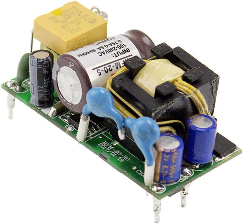 Una scheda elettronica con vari componenti come condensatori, trasformatori e resistenze, vista dall'alto.