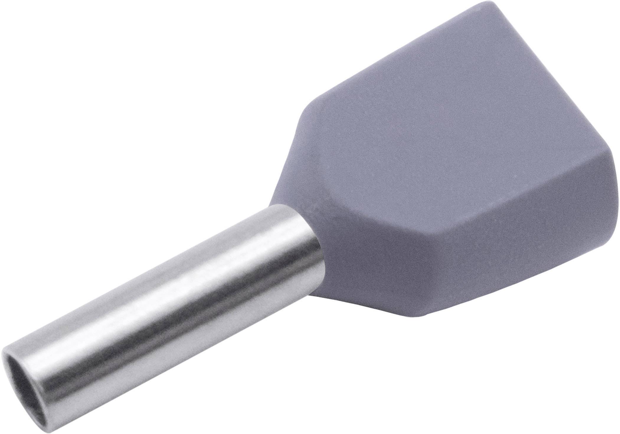Un capocorda grigio con estremità piatta, rettangolare e attacco metallico. Utilizzato per collegare conduttori elettrici.