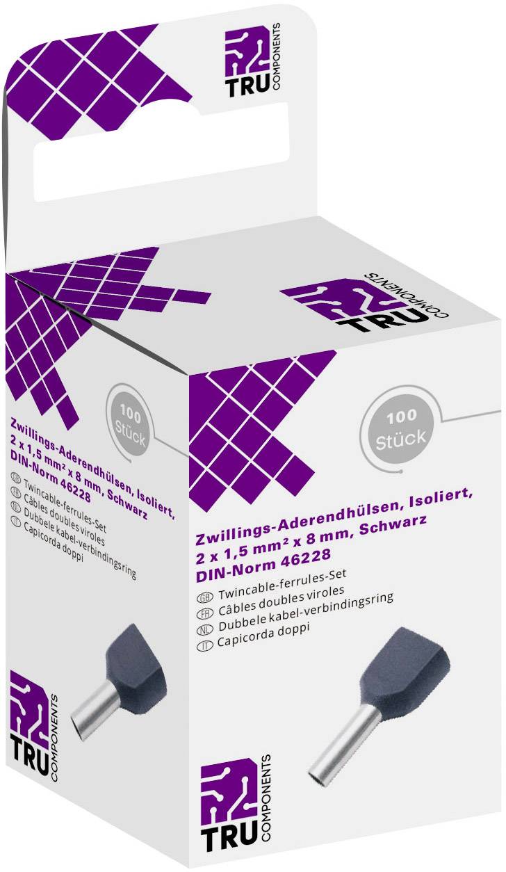 Confezione di capicorda TRU Components, 2 x 1,5 mm² x 8 mm, colore nero, 100 pezzi per confezione, secondo norma DIN 46228.