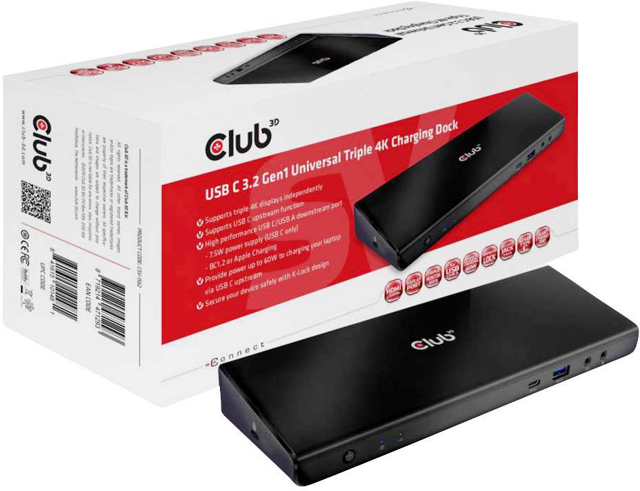 Dock Universale Triplo USB C 3.2 Gen1 4K in colore nero con porte USB-C, HDMI, DisplayPort e supporto per tre display 4K. La confezione mostra i dettagli del prodotto e le specifiche tecniche.