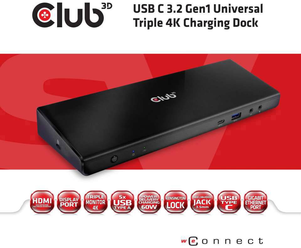 Stazione di docking USB-C con supporto triplo display 4K, multipli porte USB, Ethernet, uscita audio e funzione di ricarica.