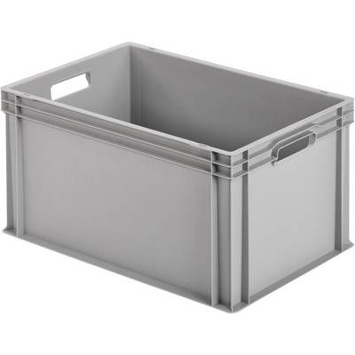 Cassetta grigia in plastica, di forma rettangolare, con manici sui lati, idonea per lo stoccaggio e il trasporto di oggetti.