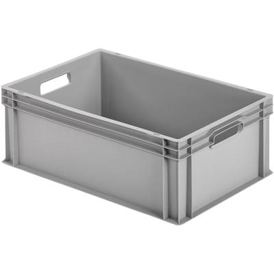 Contenitore rettangolare in plastica grigia con fori per la presa sui lati. Adatto per conservare o trasportare oggetti.