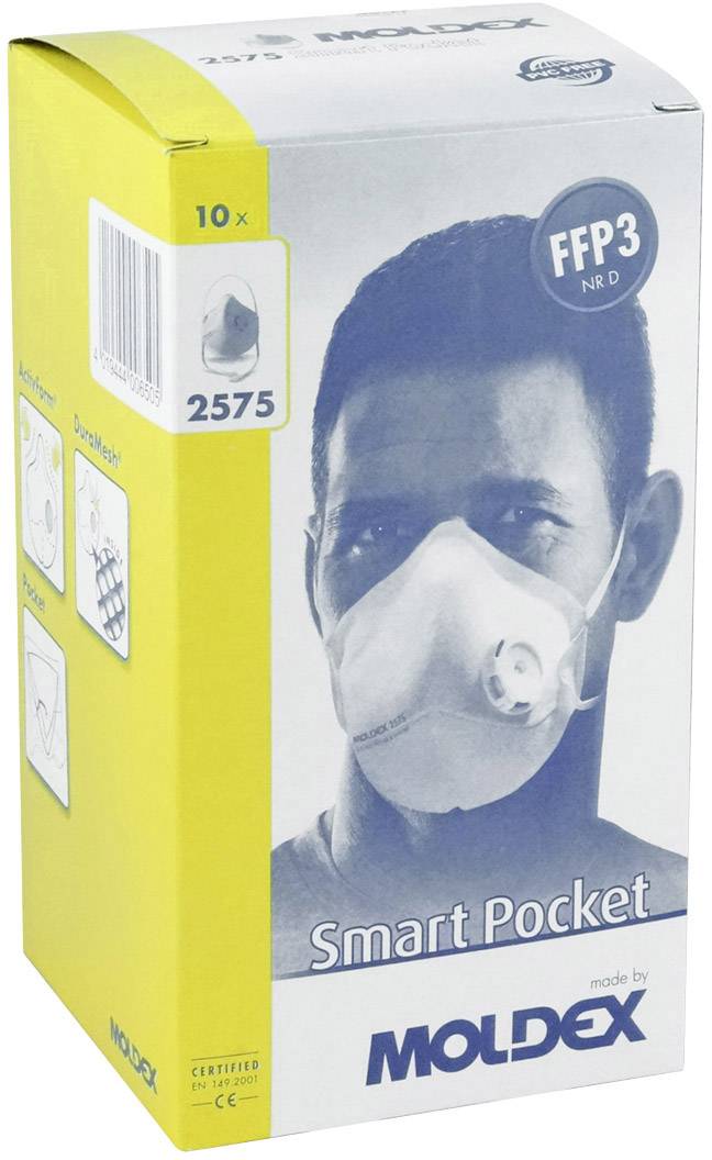 Confezione per 10 mascherine respiratorie FFP3 NR D del marchio Moldex. L'etichetta mostra un dispositivo di protezione delle vie respiratorie indossato con il numero di modello 2575.