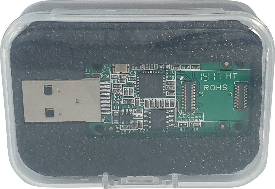 Un adattatore di interfaccia USB in custodia di plastica, utilizzato in progetti elettronici. Testo sull'adattatore: '1917HT ROHS'.