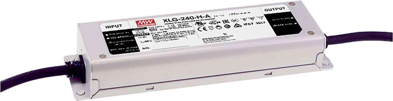 Alimentatore del marchio MEAN WELL, modello XLG-240-H-A, con cavi di connessione e specifiche tecniche sulla parte superiore.