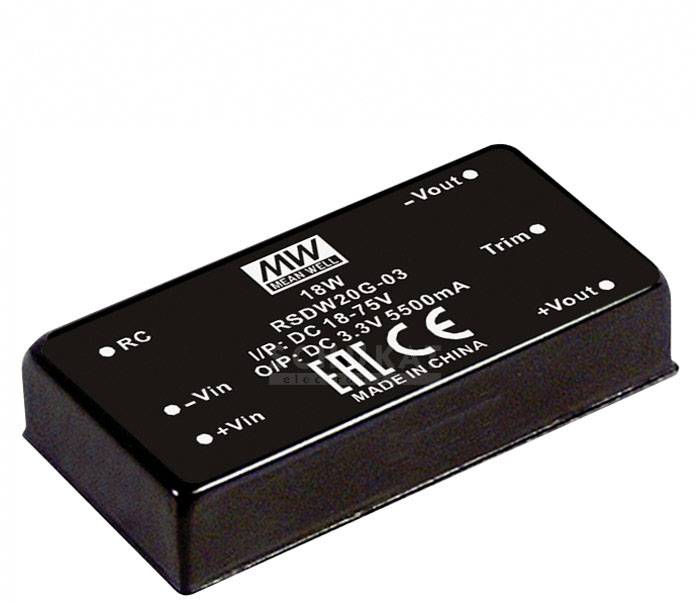 Componente elettronica rettangolare con la scritta '18W, RSDW20G-03', mostra la tensione di ingresso e di uscita. Contrassegnata con marchio CE.