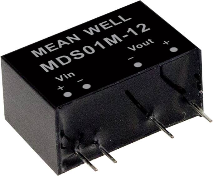 Componente elettronica nera con la scritta 'MEAN WELL MDS01M-12'. Pin sul fondo per il montaggio. Utilizzata per connessioni elettriche.