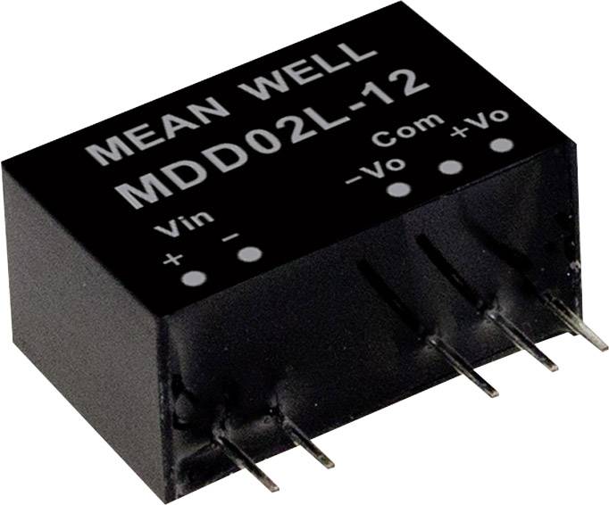 Componente elettronica nera con la scritta 'MEAN WELL MDD02L-12'. Viene utilizzata per la conversione di tensione ed è dotata di diversi pin.