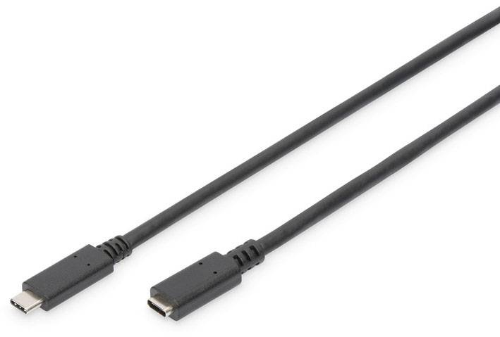 Un cavo USB-C nero con una spina e un connettore, adatto per il trasferimento dati e la ricarica di dispositivi.