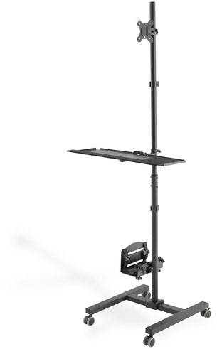 Un carrello TV mobile con altezza regolabile, dotato di ripiano, supporto e ruote per facilitare gli spostamenti. Adatto a televisori e monitor.