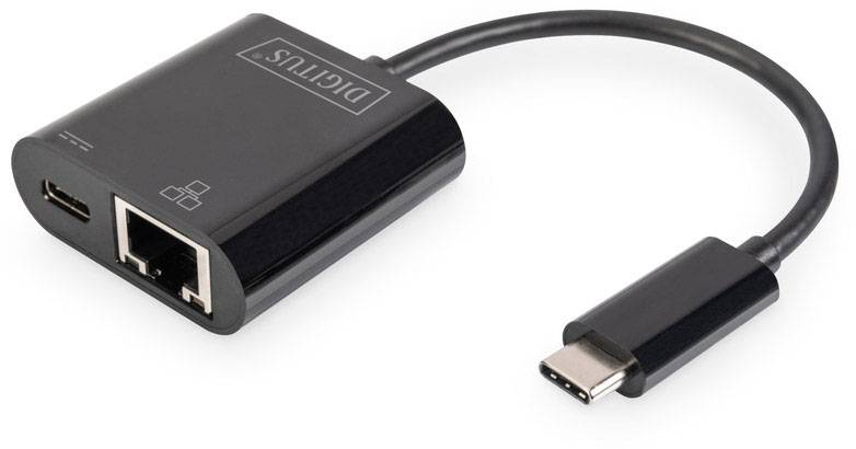 Un adattatore nero con una porta USB-C, una porta Ethernet e una porta USB, idoneo per la connessione di dispositivi.