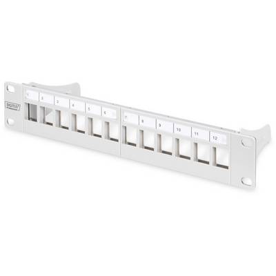 Un pannello patch da 12 porte per cablaggio di rete con porte numerate da 1 a 12. Idoneo per il montaggio in un armadio rack per server.