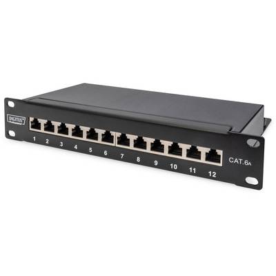 Un patch panel nero con 12 porte RJ45 numerate, idoneo per CAT.6A, utilizzato in un rack di rete.