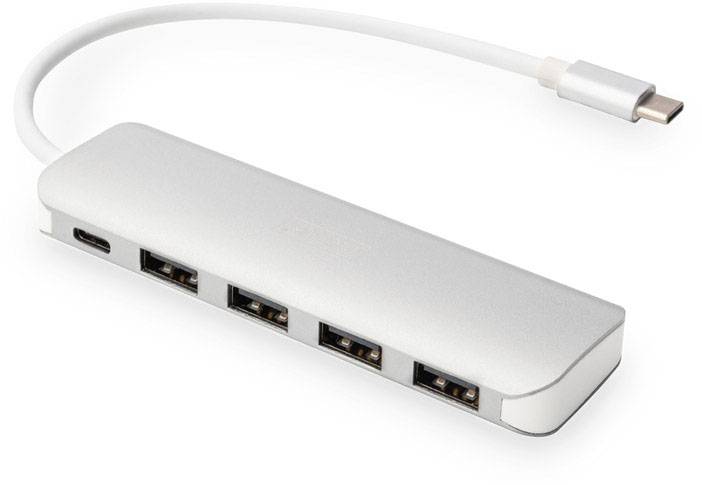 Hub USB con quattro porte USB e un cavo USB-C. Design argentato, consente il collegamento di più dispositivi a un computer.