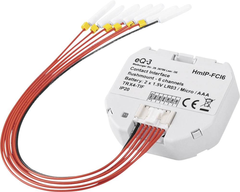 Un dispositivo bianco e rotondo con un fascio di cavi rossi a più conduttori. Etichetta: 'Interfaccia di contatto, batteria: 2 x 1,5V LR03, micro/AAA'.