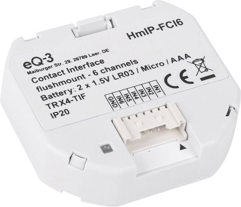 'Interfaccia di contatto HmIP-FCI6, da superficie, 6 canali, Batteria: 2 x 1,5 V LR03/AAA, Grado di protezione IP20.'