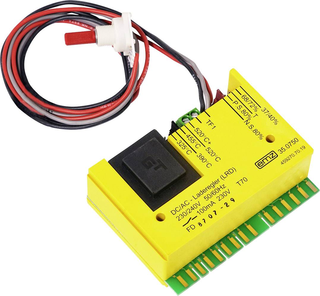 Dispositivo elettrico giallo con cavi e pulsante. L'etichetta mostra diverse specifiche tecniche e intervalli di temperatura.