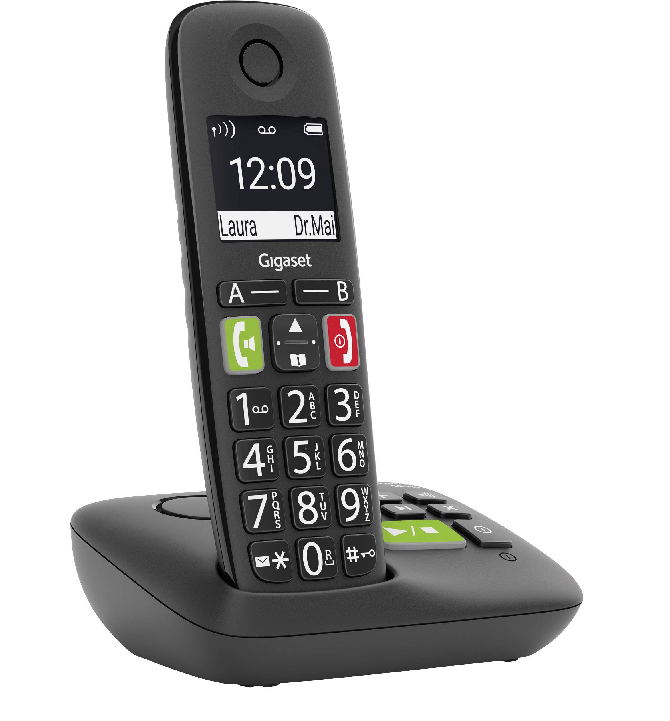 Un telefono cordless fisso con tasti grandi e un display illuminato che mostra le 12:09 e 'Laura Dr. Mai'.