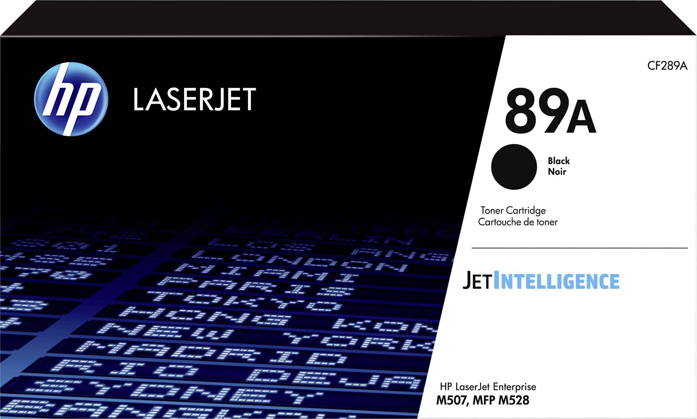 La confezione di un toner HP LaserJet 89A nero, adatto per i modelli M507 e MFP M528, con tecnologia 'JetIntelligence'.