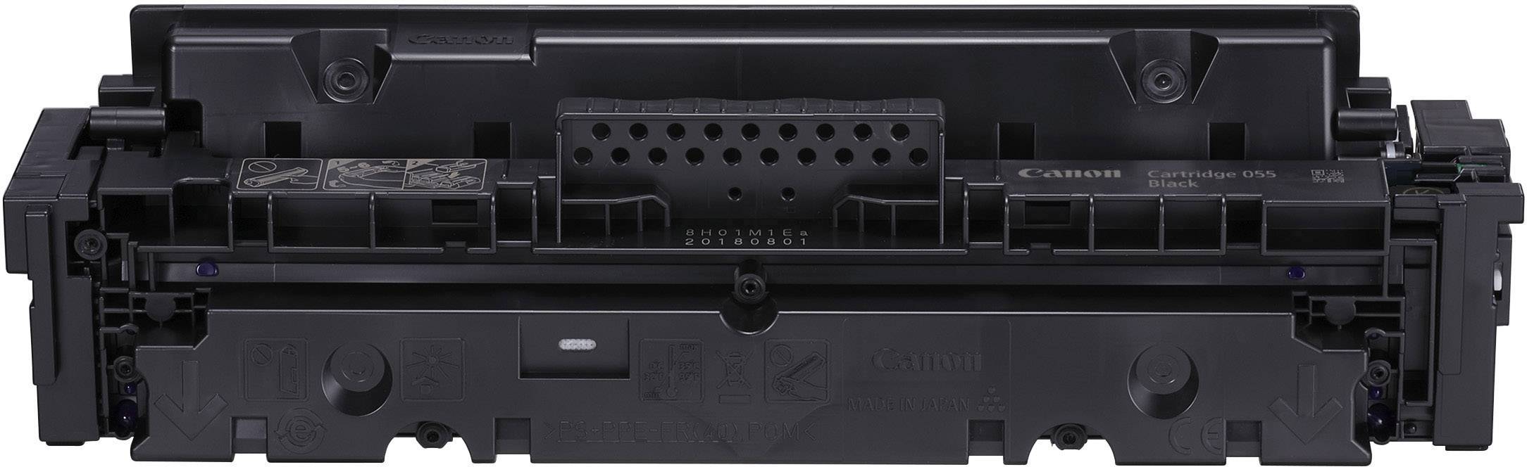 Cartuccia toner Canon nera, vista frontale. Contiene etichette di identificazione e connettori per l'installazione in una stampante.