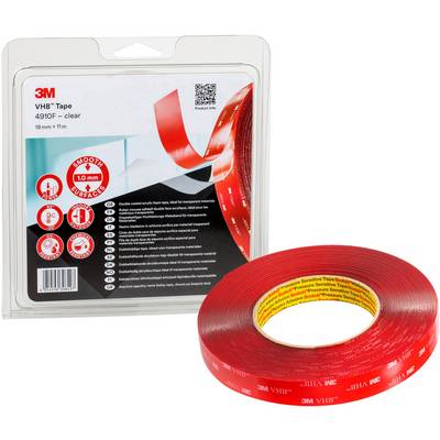 Nastro adesivo 3M VHB trasparente, 19 mm x 11 m, in confezione accanto a un rotolo. Adatto per superfici lisce, con forte adesione.