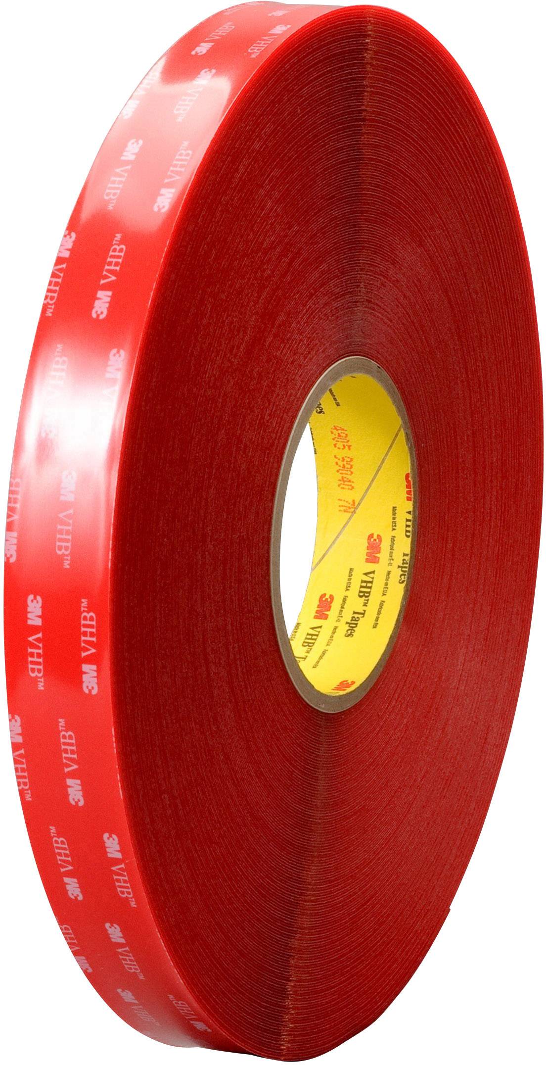 Un grande rotolo di nastro adesivo rosso con un nucleo interno giallo, sul quale è stampato più volte '3M VHB'.