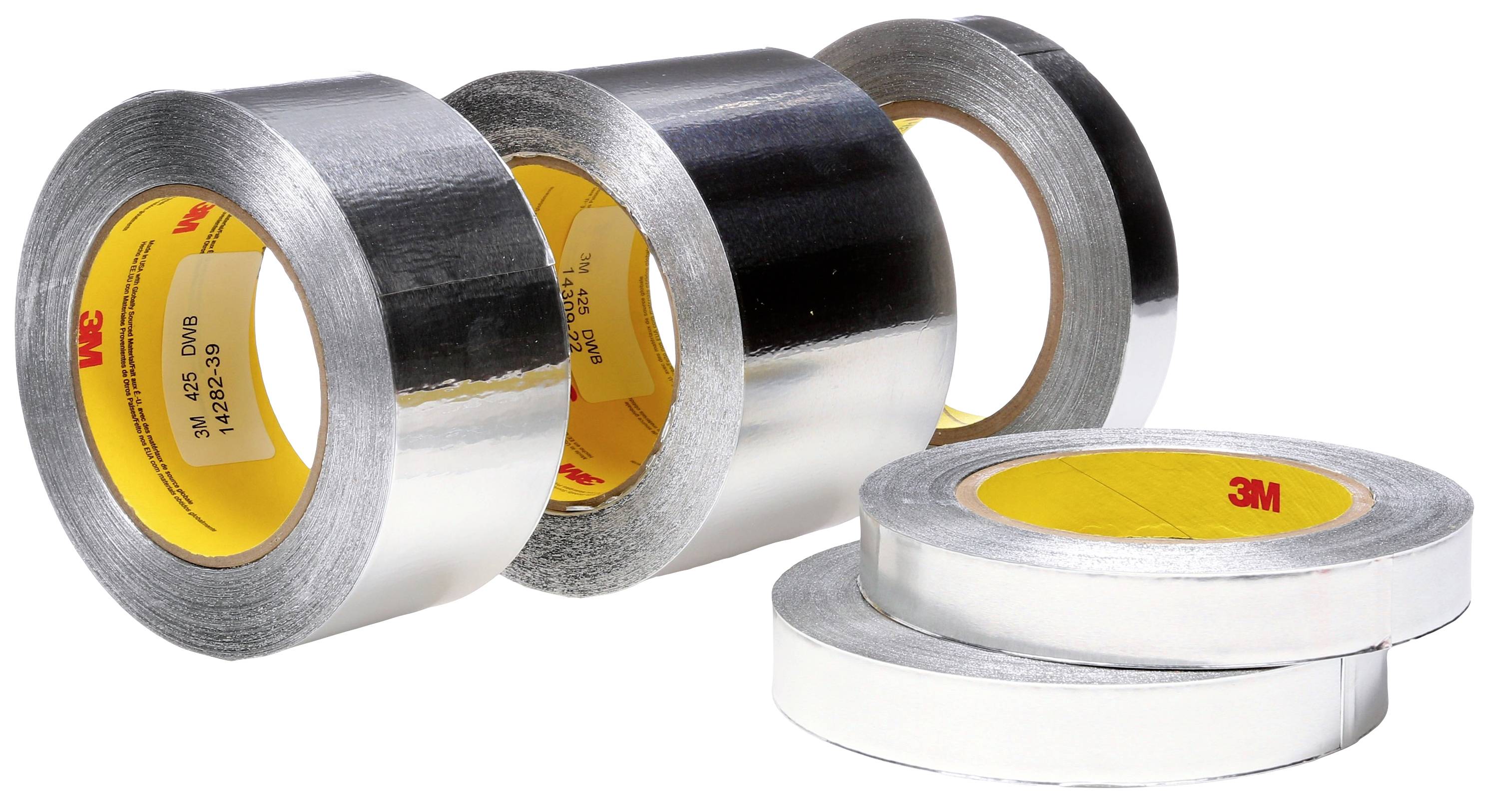 Cinque rotoli di nastro adesivo argentato con interno giallo, in diverse dimensioni.