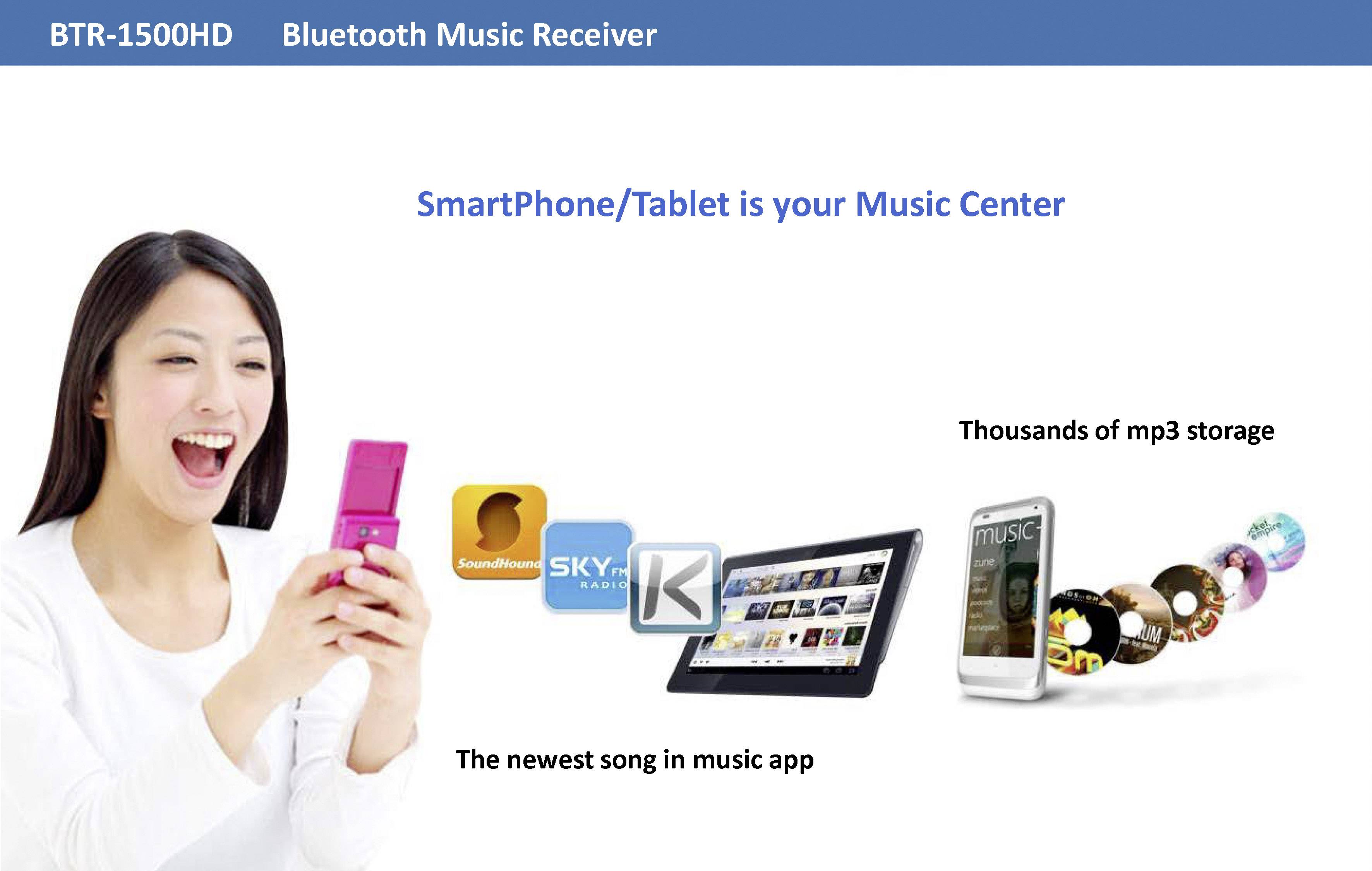 Donna con smartphone a sinistra, schermo che mostra 'SmartPhone/Tablet è il tuo Centro Musicale'. A destra simboli di app musicali e dispositivi.