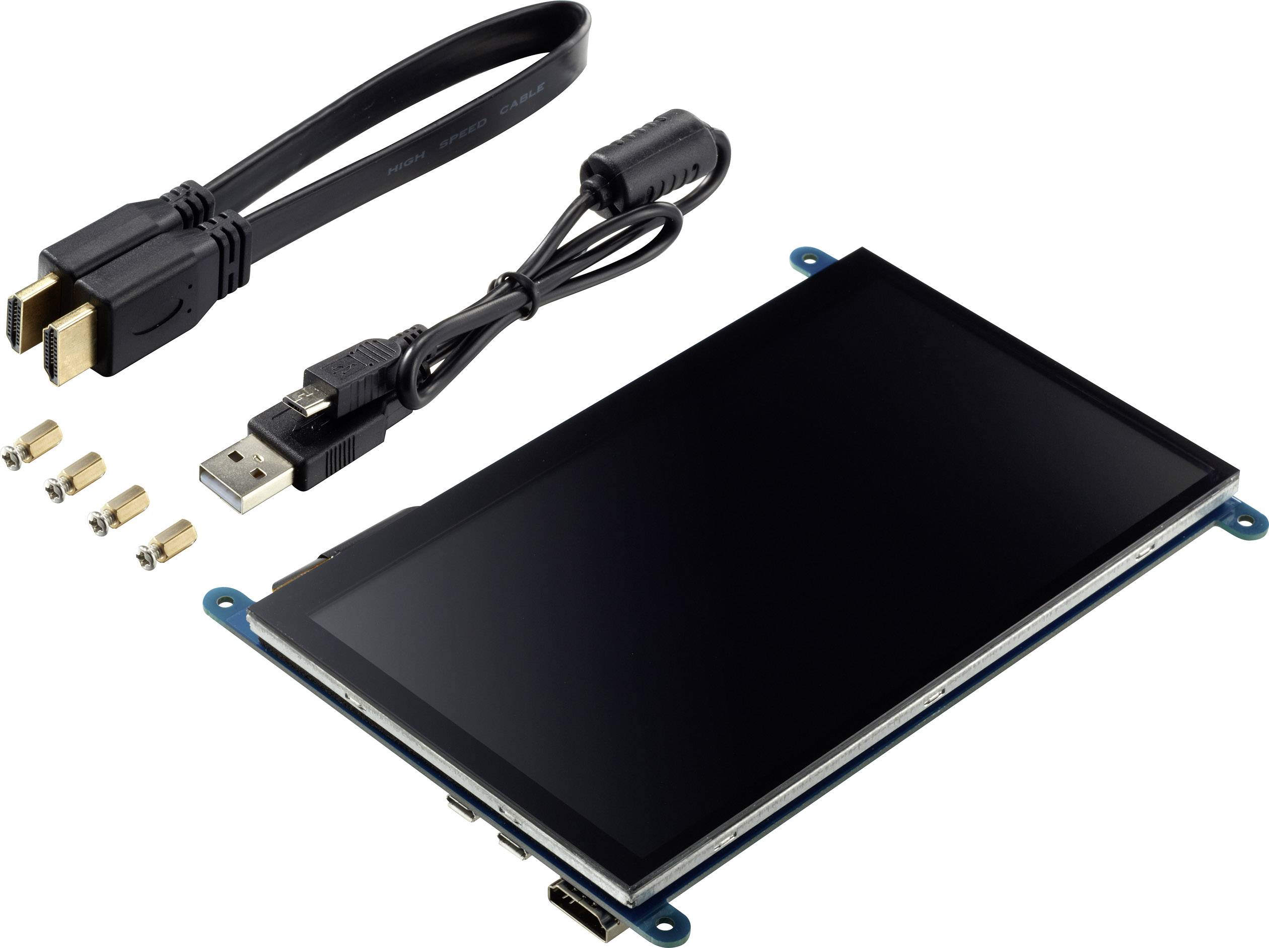 Display LCD Touch Screen con cavi USB e HDMI e materiale di fissaggio. Ideale per progetti di elettronica fai-da-te o prototipi.