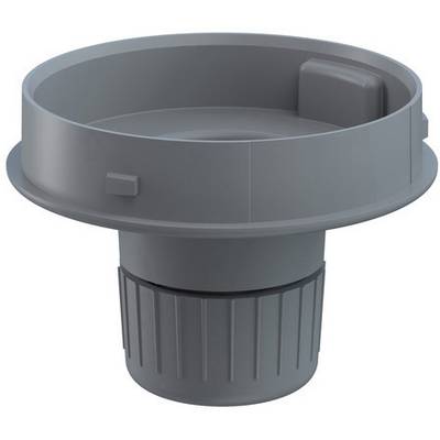 Adattatore grigio in plastica con bordo largo e base scanalata, probabilmente un componente di connessione per tubi o condotti.