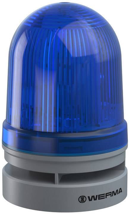 Luce blu di avvertimento a forma di cupola tonda su base grigia, utilizzata per segnalare allarmi o situazioni di emergenza.