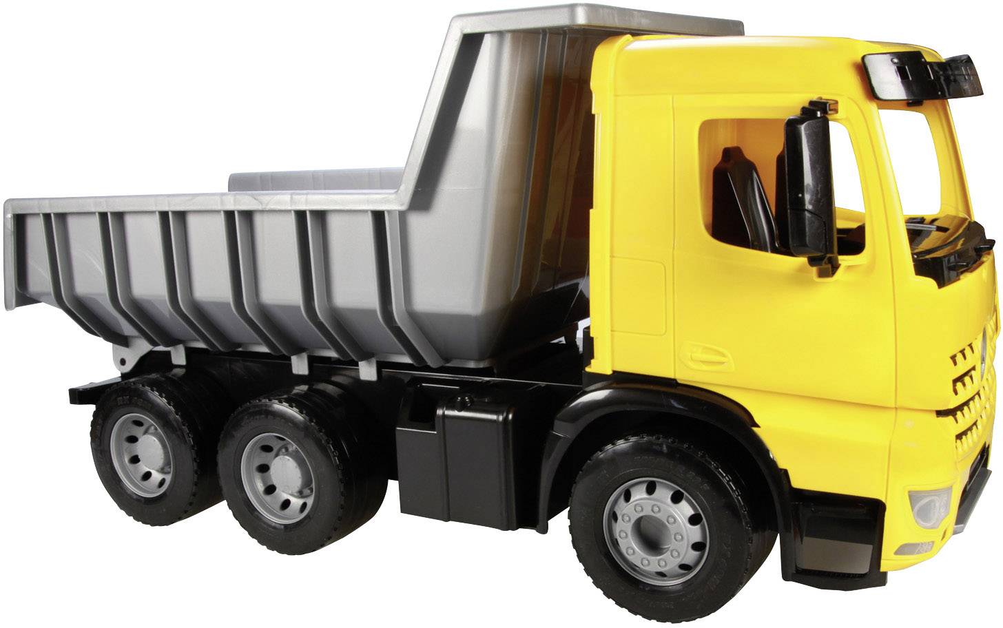 Un camion giocattolo giallo con cassone ribaltabile grigio e sei ruote nere, parcheggiato su una superficie piana.