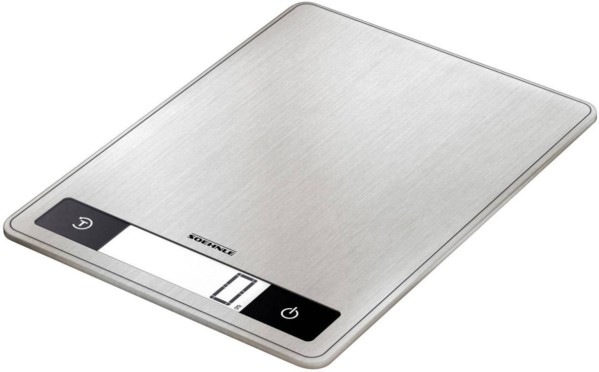 Bilancia da cucina digitale in acciaio inox con display illuminato e due pulsanti.