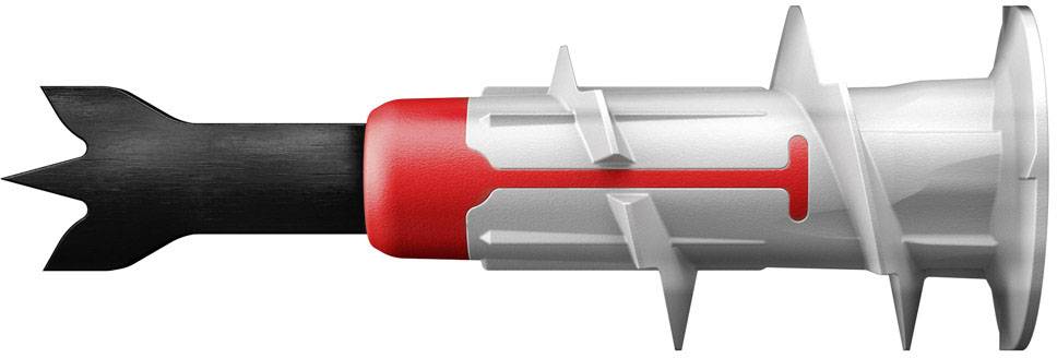 Un tassello in plastica con inserto rosso e nero, costine laterali e una scanalatura per vite su un lato per il fissaggio nelle pareti.