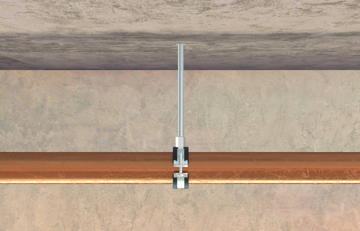 Primo piano di una pinza per cavi che fissa una barra metallica verticale a un tubo di rame orizzontale su una superficie in cemento.