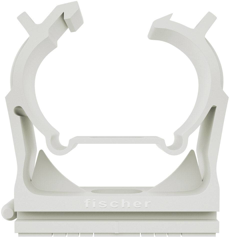 Staffa per cavi Fischer, bianca, con meccanismo di apertura per il fissaggio di cavi a pareti o soffitti.