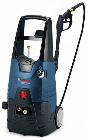 Un idropulitrice blu con impugnatura e tubo di colore nero. Scritta 'Bosch Professional' sulla parte anteriore.