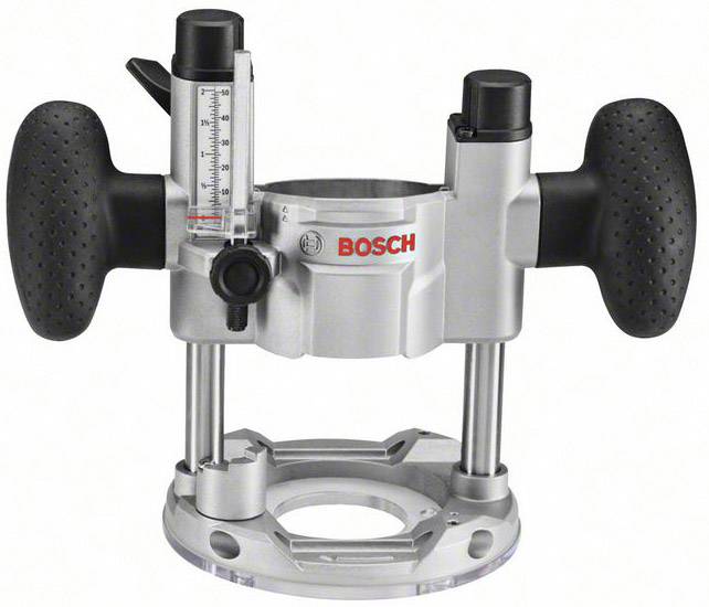 Base per fresatrice Bosch con due impugnature, scala per la regolazione della profondità e involucro stabile per una lavorazione del legno precisa.