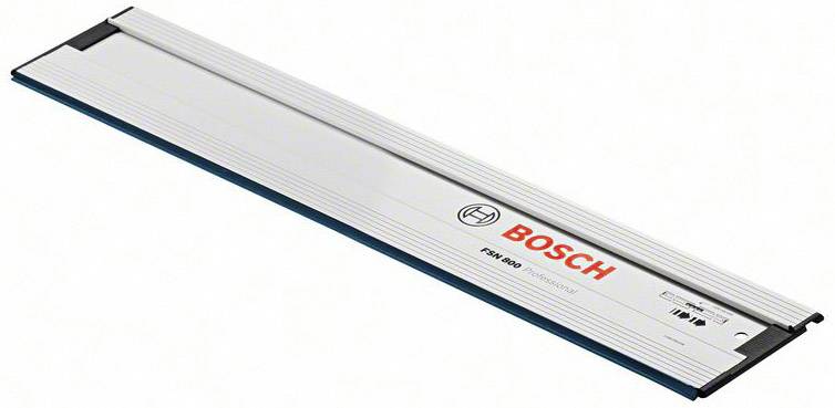 Guida in metallo con logo 'BOSCH', modello FSN 800. Utilizzata come binario di guida per segare. Materiale in alluminio con superficie scanalata.