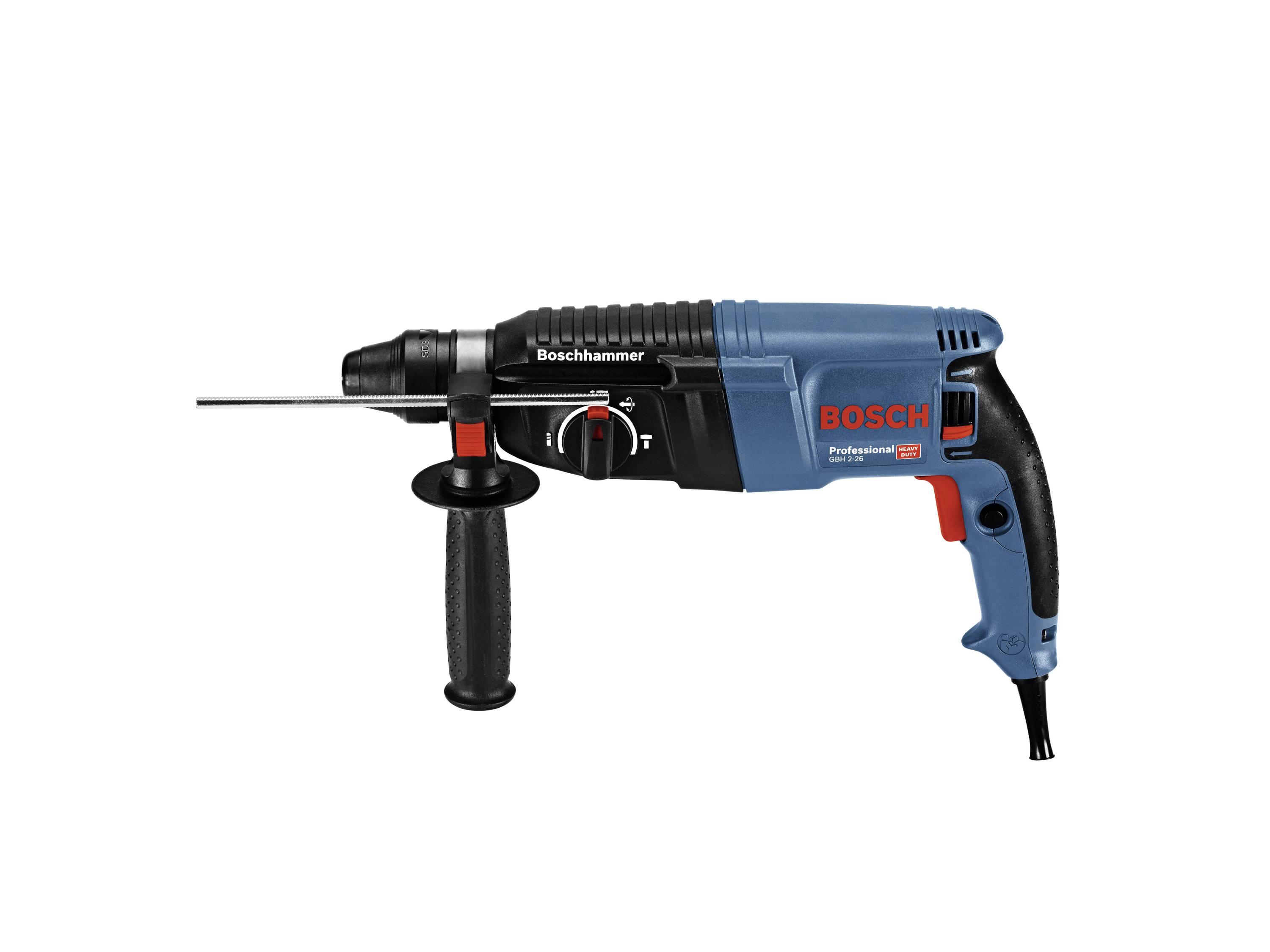 Una trapano Bosch blu e nero con impugnatura nera e grilletto rosso, adatto per uso professionale.