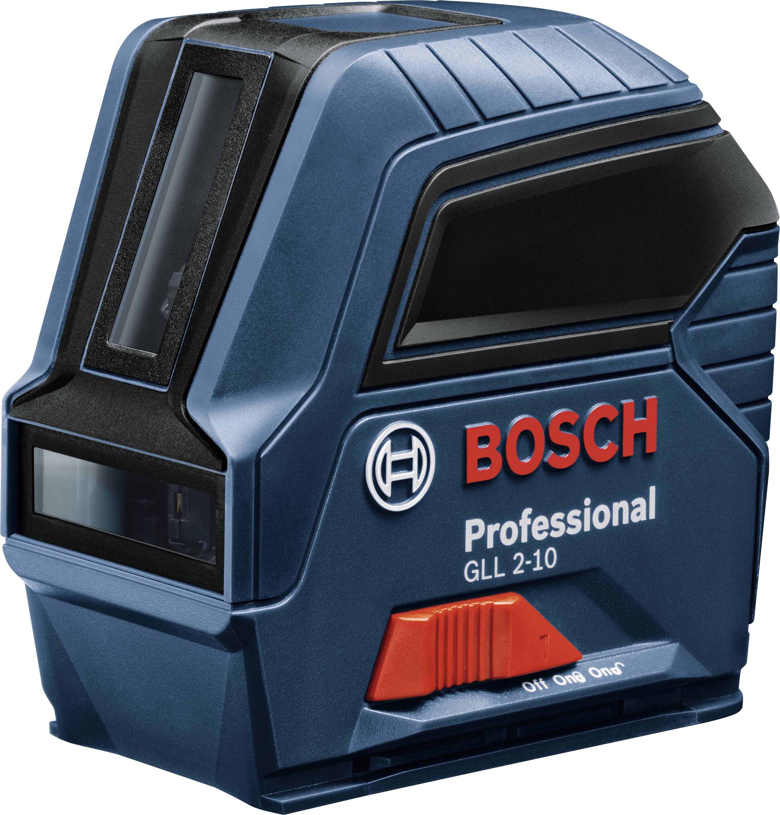 Un dispositivo laser professionale Bosch GLL-2-10 blu con interruttore rosso e logo aziendale, utilizzato per misurazioni precise.