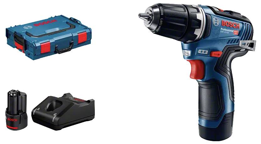 Un trapano avvitatore a batteria con batteria e caricabatterie accanto. Il trapano è blu ed è etichettato 'Professional GSR 12V-15'. Inoltre è mostrata una valigetta.