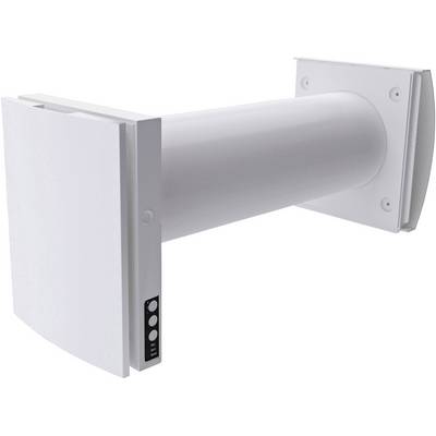 Un condotto d'aria bianco con una parte frontale quadrata e un controllo con tre pulsanti sul lato. Adatto per sistemi di ventilazione.