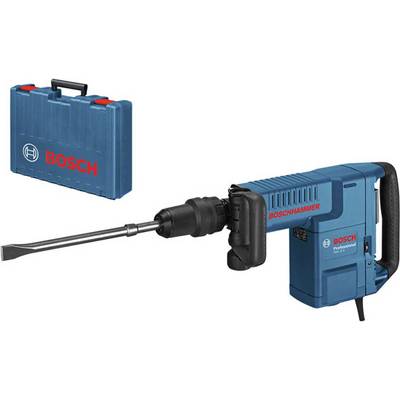 Martello pneumatico elettrico con attacco per scalpello, involucro blu con contrassegni rossi 'Bosch', accanto a una valigetta portautensili corrispondente.
