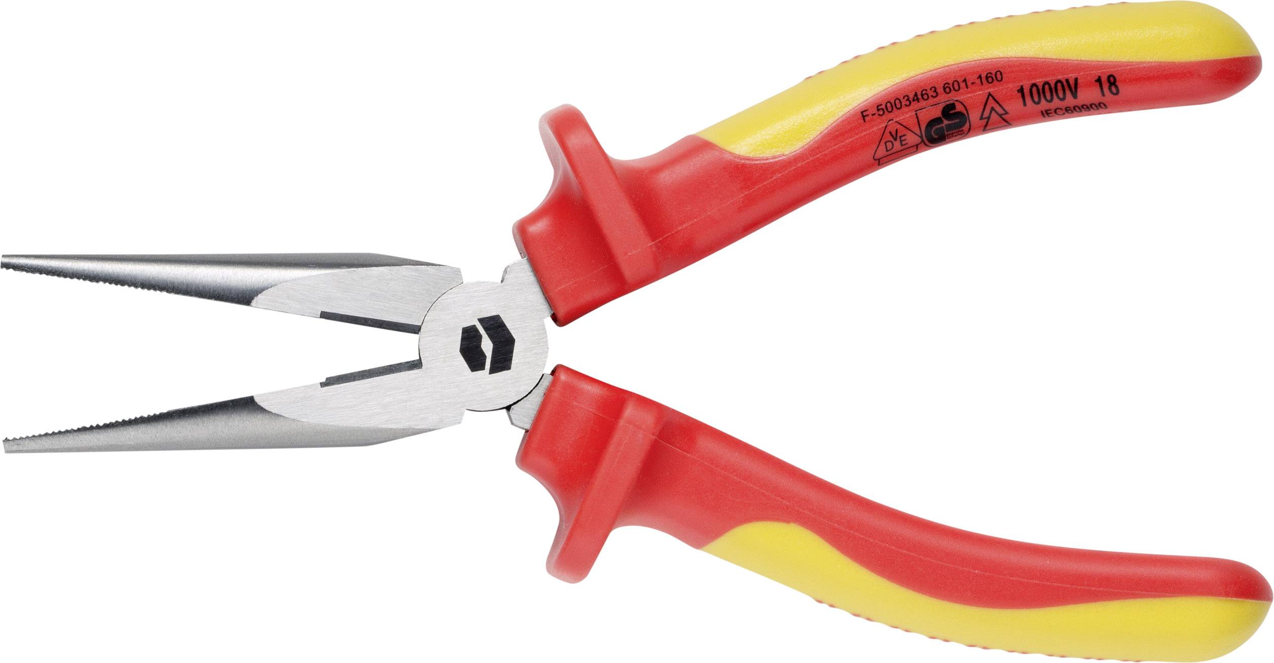 Pinza regolabile rossa e gialla con impugnature isolate, idonea per tensioni fino a 1000V. Adatta per lavori elettrici.