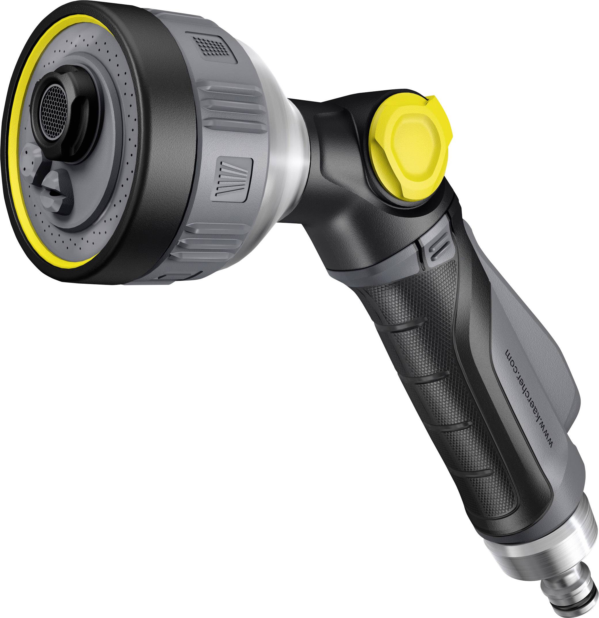 Ugello per irrigazione con impugnatura ergonomica, regolatore giallo, adatto a diversi modi di spruzzatura. Ideale per l'irrigazione del giardino.