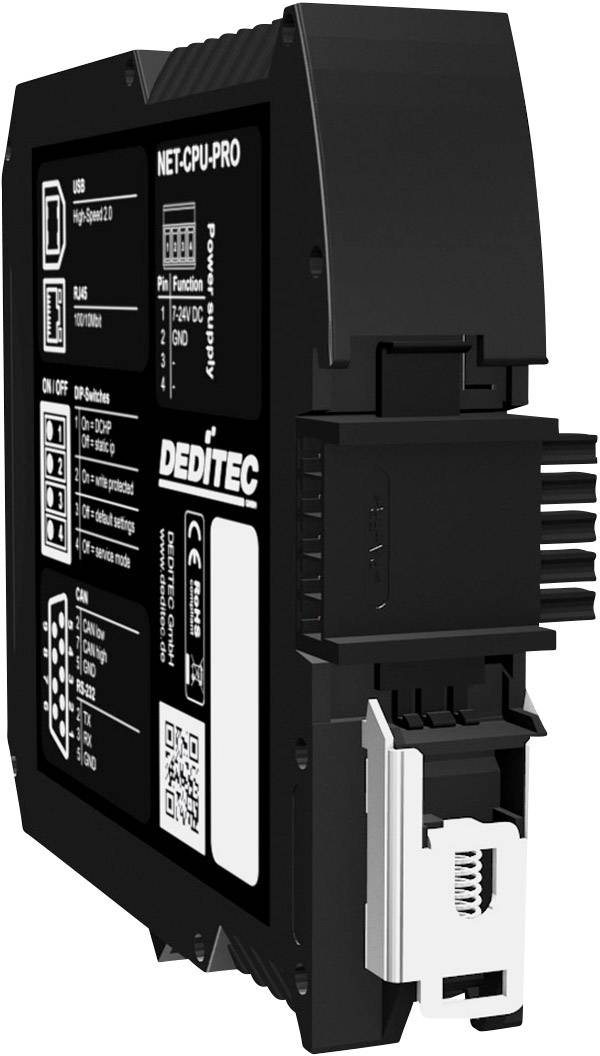 Un modulo di controllo industriale nero con vari connettori ed etichette sul lato frontale, marca DETITEC.
